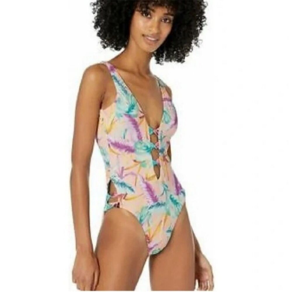 Bar lll NWT Multi Color Tropical Print Deep V Sexy One Piece Swimsuit Size Small